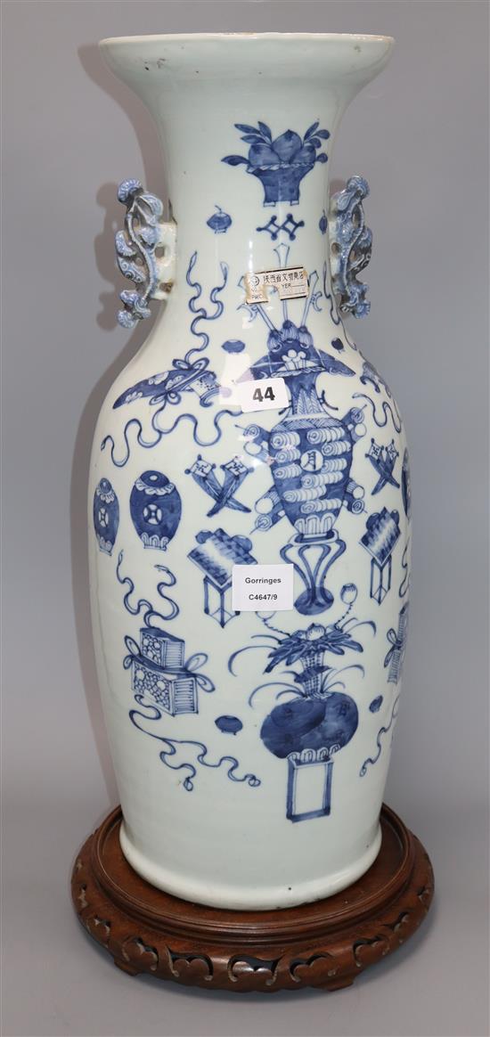 A large Chinese blue and white Hundred Antiques vase, late 19th / early 20th century, with hardwood stand height 60cm excl. stand